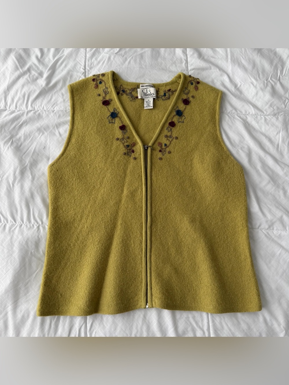 Vintage Christopher & Banks Wool Hand Embroidered Floral Green Vest 1X Zip Y2K